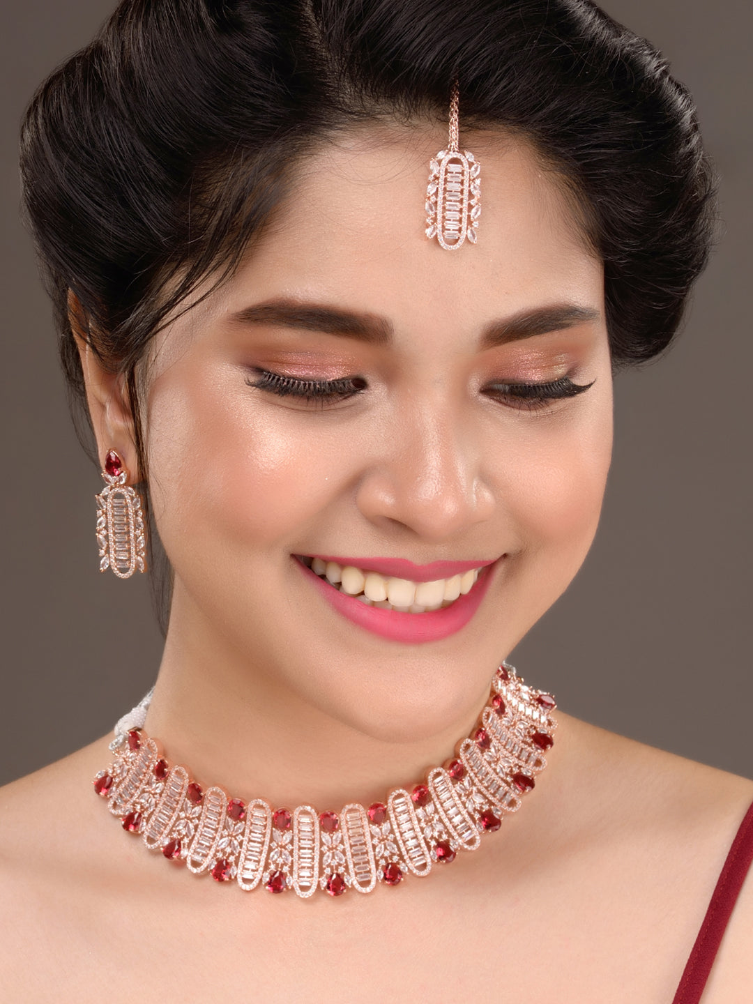 Rose Gold Plated Red & White AD Studded Choker Tika Jewellery Set, zaveri pearls, sale price rs, sale price, sale gold plated, sale gold, sale, rubans, ring, regular price, priyassi jewellery